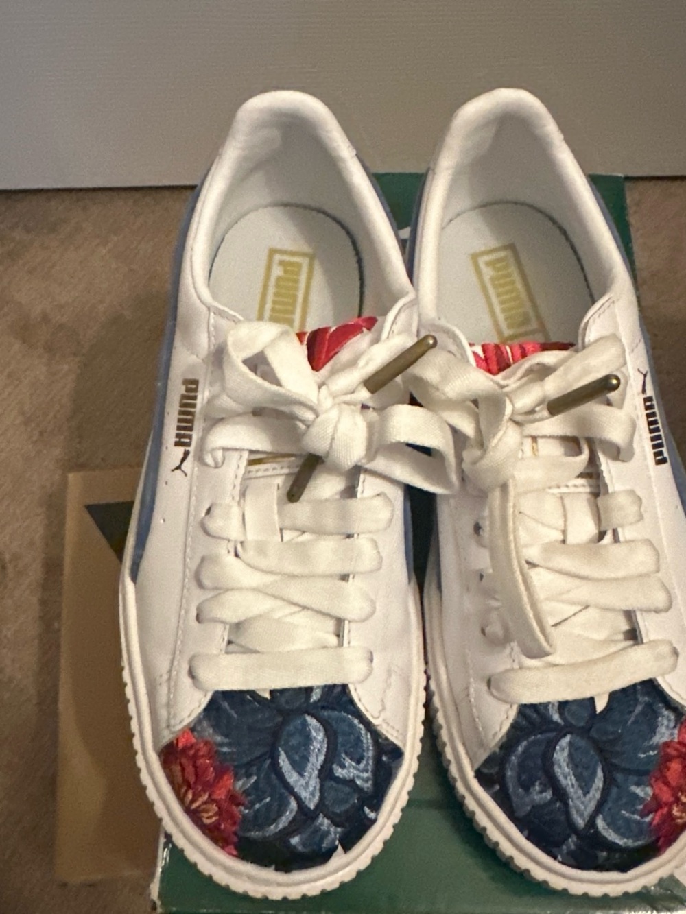 Puma White Sneakers with Blue Floral Toe and Red Accents